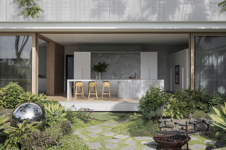 Дом Бумеранг / Joe Adsett Architects - Экстерьерная фотография, стул, фасад, сад, патио, окна, двор