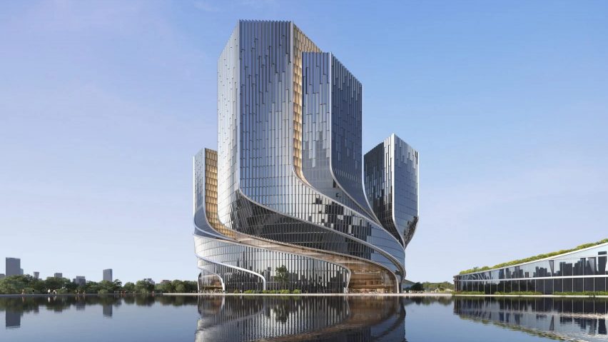 Офис Tencent Helix в Китае отражается в озере