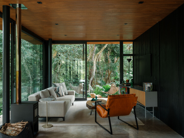 Guapuruvus House / Cornetta arquitetura - Интерьера, гостиная, дерево, стол, стул, диван