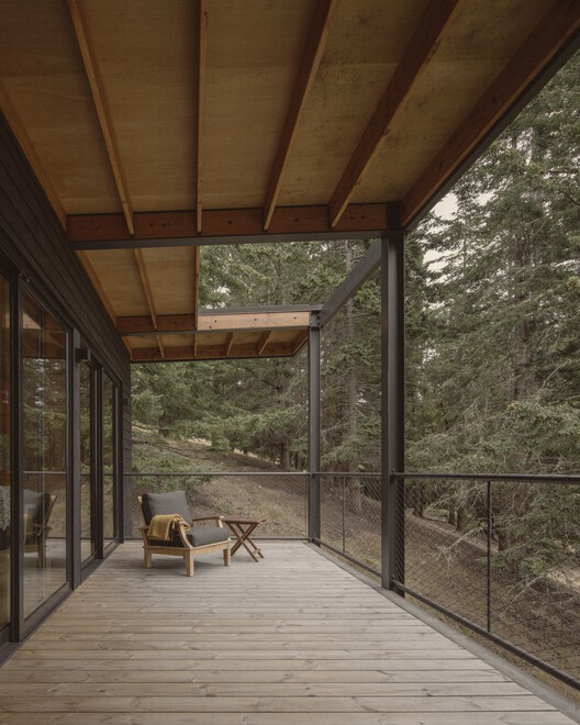 Trestle Cabin / Miller Hull Partnership - Интерьерная фотография, дерево, палуба, луч